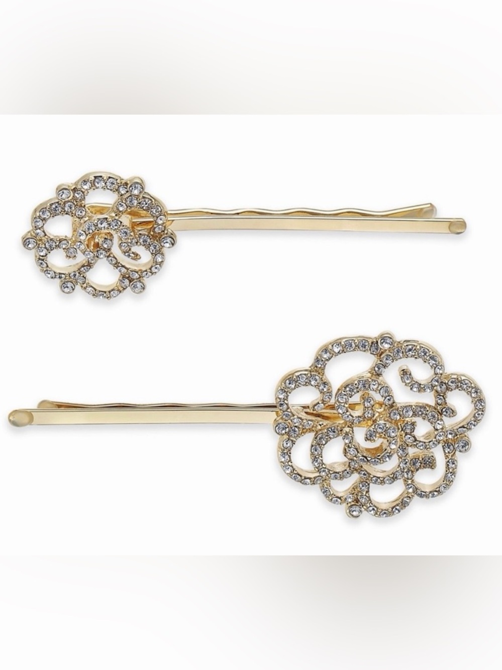 INC Gold-Tone Pavé Crystal Hair Pins Set of 2 Floral Clip Barrettes NWT